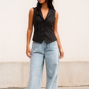 RARE FIND! Vintage Garage Clothing Black Pinstriped Collared Vest - Size Small